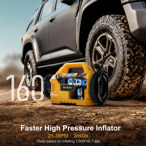Cordless Tire Inflator Deflator With 160 PSI High Pressure Digital Gauge Auto Shut Off LED Light Compatible With DeWalt 20V Max Battery Also Works With Mellif Batteries Portable Air Pump For Cars Bikes Balls On The Go next to a car tire on dirt
