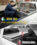 Before and after use of 10 Inch Gas Strut 80 Lb Lift Support for toolbox lids showcasing ease of opening and safety.