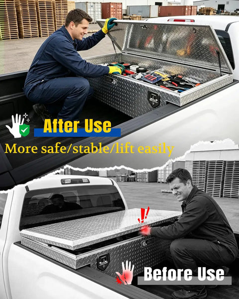 Before and after use of 10 Inch Gas Strut 80 Lb Lift Support for toolbox lids showcasing ease of opening and safety.