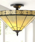 Cream And Black 16 Inch 2 Light Glass Or? And Metal Tiffany Style Mosaic Shade Semi Flush Mount Ceiling Light Fixture UL Listed