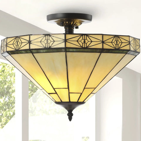 Cream And Black 16 Inch 2 Light Glass Or? And Metal Tiffany Style Mosaic Shade Semi Flush Mount Ceiling Light Fixture UL Listed
