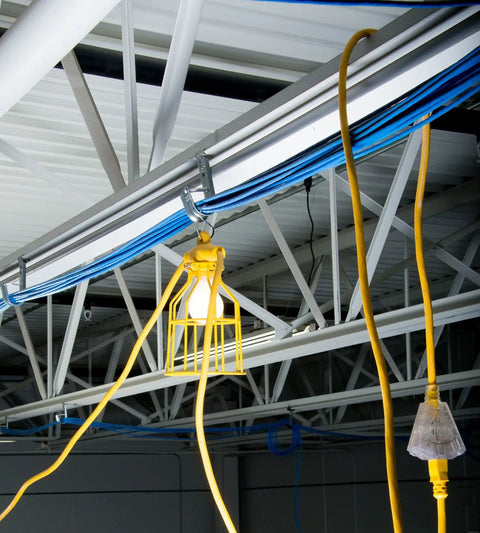 10 Light Metal Temporary Light Stringer For Outdoor Use 100 Ft Cord 12 AWG 300V Yellow Weather Resistant Durable Construction Ideal