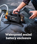 Person handling Beast 20V Water Transfer Pump With PowerShare Battery System Delivers 5.75 GPM For Quick Water Removal Self Priming Design