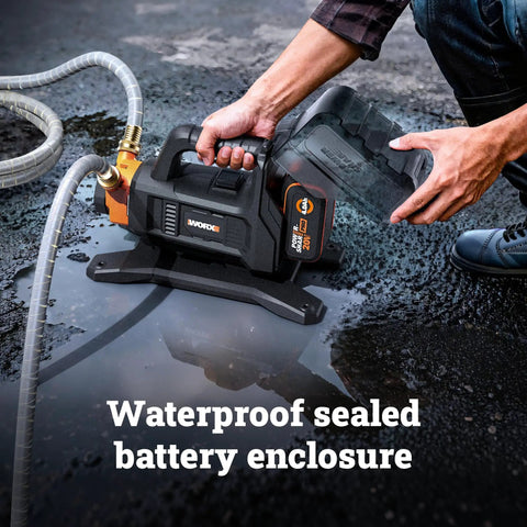 Person handling Beast 20V Water Transfer Pump With PowerShare Battery System Delivers 5.75 GPM For Quick Water Removal Self Priming Design