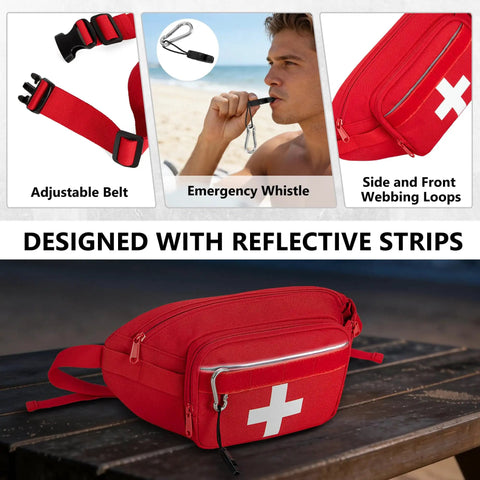 Rugged First Aid Fanny Pack With MOLLE System Lifeguard Emergency Medical Waist Bag For Hiking Camping And Work Includes Whistle D Ring Front Patch Panel Red