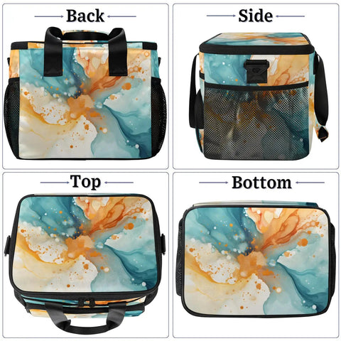 Back, side, top, and bottom views of Insulated Picnic Backpack Lunch Bag For Women And Men Large 12x8.7x10 Inch Tote, abstract art design