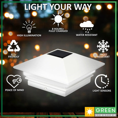 Check Out This Twelve Pack Of Slim Solar Powered Led Post Cap Lights Made For Four By Four Wood Posts With Adapter For Pvc And Vinyl Posts In Fresh White For Your Deck Or Yard, showing features like high illumination and eco-friendly benefits.