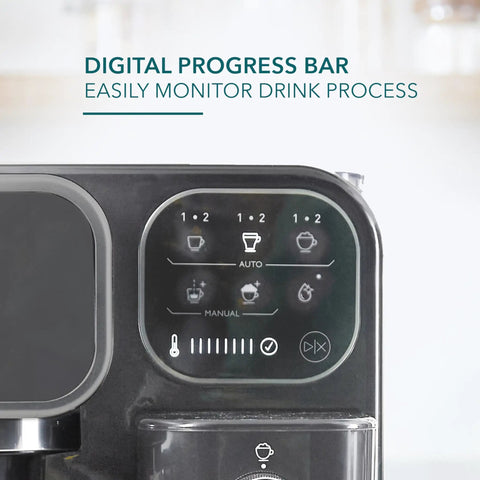 Digital interface of Top Shelf Hassle Free One Touch Espresso And Latte Brewer With Built In Frother, showing progress bar.