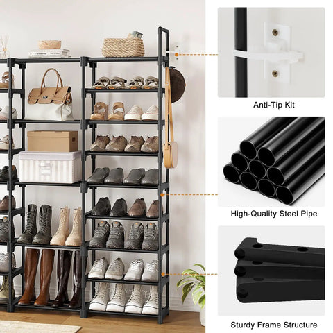 9 Tier Large Shoe Rack Organizer For Closet Holds 50 To 55 Pairs A Beast Of A Space Saver Sturdy Stackable Shoe Tower With Metal Pipes And Plastic Connectors In Black For Easy Access showing anti-tip kit, steel pipes, and frame structure.