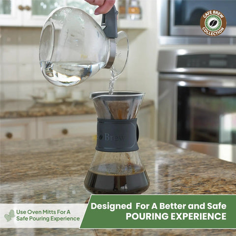 Stove Top Borosilicate Glass Whistling Tea Kettle 12 Cup 48oz BPA Free German Made See Through Boil For Gas Electric And Glass Ranges Durable Kitchen Kettle For Fast Flavorful Tea being poured into coffee maker on kitchen countertop.