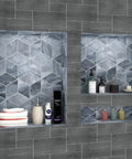 Shower Niche 20x32 Recessed Shelves for Tile and Bathroom Storage with toiletries and towels displayed.