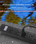 Outdoor Waterproof Power Strip With Five Outlets And IPX4 Weatherproof Surge Protector Rugged Garden Socket For Lighting And Appliances 5 Foot Flat Plug Extension Cord Black on wet surface