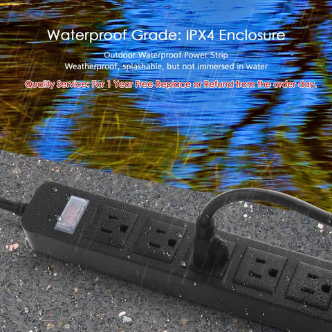 Outdoor Waterproof Power Strip With Five Outlets And IPX4 Weatherproof Surge Protector Rugged Garden Socket For Lighting And Appliances 5 Foot Flat Plug Extension Cord Black on wet surface