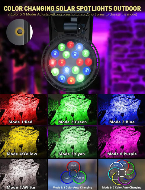 Solar Outdoor Lights With 9 Modes Color Changing 18 LED Spotlight showing 7 adjustable colors on trees and walls