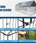 All Weather Heavy Duty Outdoor Chicken Coop With Waterproof Cover 86 Inch Long 40 Inch Wide 40 Inch High Metal Poultry Run For Hens Ducks And Rabbits Predator Proof Dual Locking System Self Closing Door Built Tough Backyard Enclosure And Pet Playpen showing secure structure details like sturdy hooks and support rods.
