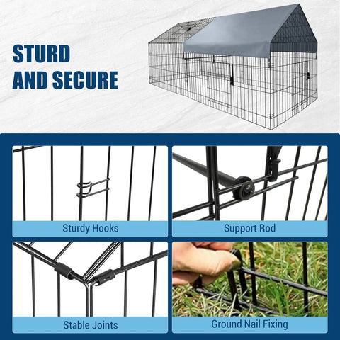 All Weather Heavy Duty Outdoor Chicken Coop With Waterproof Cover 86 Inch Long 40 Inch Wide 40 Inch High Metal Poultry Run For Hens Ducks And Rabbits Predator Proof Dual Locking System Self Closing Door Built Tough Backyard Enclosure And Pet Playpen showing secure structure details like sturdy hooks and support rods.
