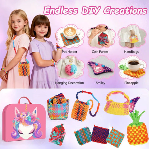 Girls displaying items made with Weaving Loom Kit For Kids And Adults DIY Arts And Crafts Starter Set with various vibrant creations.