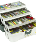 3-Tray Tackle Box With Dual Top Access Dark Green Metallic And Off White Premium Tackle Storage for anglers, open view of trays