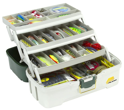 3-Tray Tackle Box With Dual Top Access Dark Green Metallic And Off White Premium Tackle Storage for anglers, open view of trays