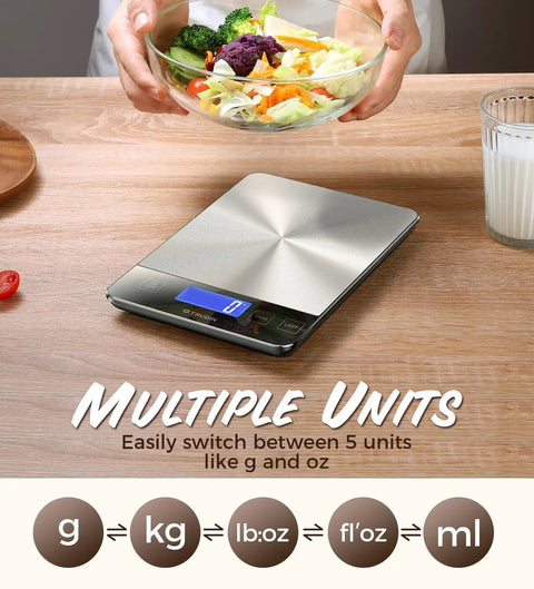 Smart 33 Lb Digital Kitchen Scale For Baking And Cooking, NASA Grade Precision In Grams And Ounces, stainless steel platform.