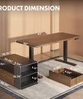 Electric Height Adjustable L Shaped Standing Desk With Massive Storage Cabinet And Open Shelving In Rich Black Walnut Finish dimensions display.