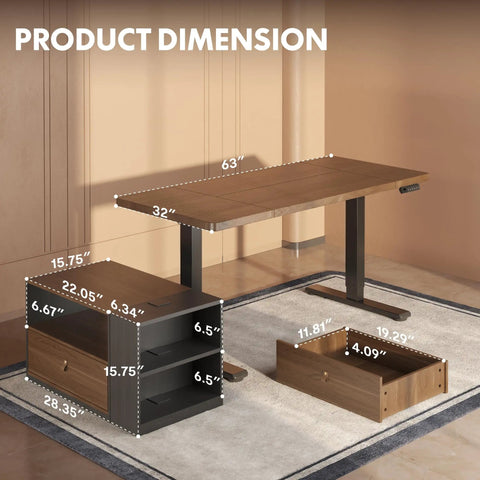 Electric Height Adjustable L Shaped Standing Desk With Massive Storage Cabinet And Open Shelving In Rich Black Walnut Finish dimensions display.