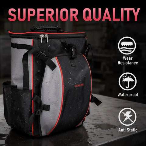 Rugged Heavy Duty Welding Backpack With Helmet Catch Large Capacity Tool Bag showing waterproof and anti-static features