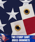 Close-up of US Flag 3x5 Outdoor Heavy Duty Nylon With Fade Resistant Embroidered Stars And Sewn Stripes Brass Grommets corner view.