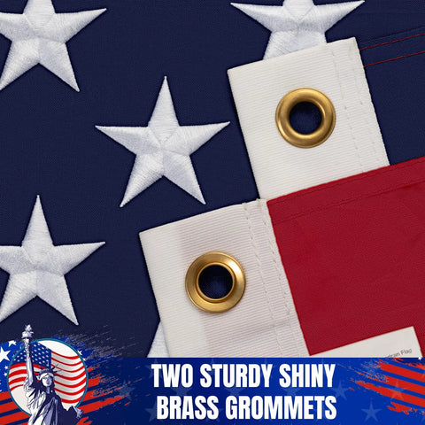Close-up of US Flag 3x5 Outdoor Heavy Duty Nylon With Fade Resistant Embroidered Stars And Sewn Stripes Brass Grommets corner view.
