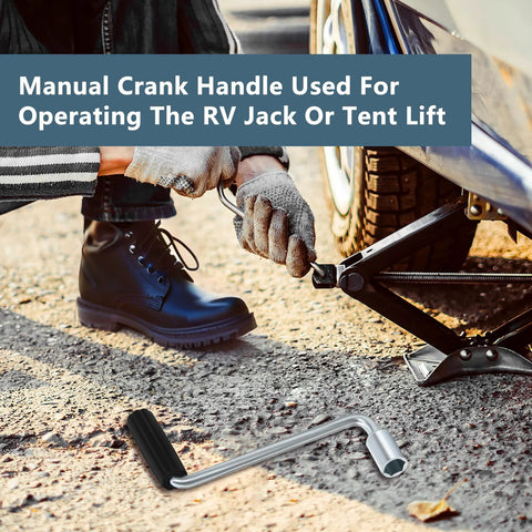 Person using Replacement RV Pop Up Camper Crank Handle Durable Iron And Plastic Roof Lift Tool for leveling a vehicle