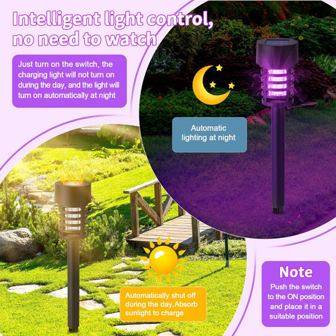 4 Pack Solar Bug Zapper For Outdoors With LED Lights Waterproof Grid Cylinder Mosquito Killer High Voltage Electric Zapper For Garden Patio Yard Black shown in garden.