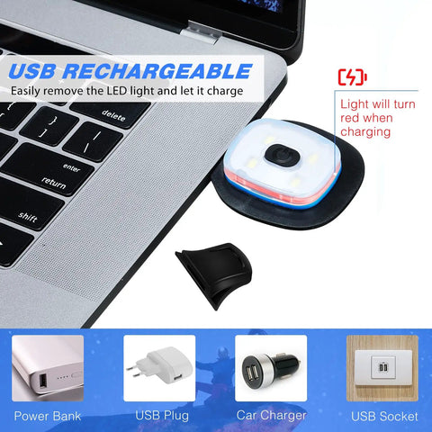 LED USB Rechargeable Beanie Light Kit 4 Pack charging via laptop USB port with detachable rubber piece