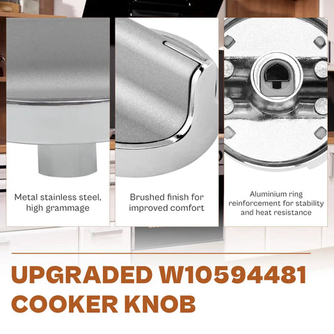 Close-up of Stainless Steel Gas Range Stove Knobs Replacement Set (5 Pack) For Whirlpool Cooktop Ovens, brushed finish details
