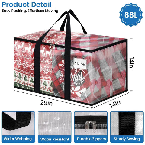 Heavy Duty Clear Moving Bags With Reinforced Handles And Double Zippers, Large storage tote displaying Christmas patterns, 29x14x14 inches