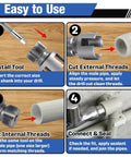 Essential 3 Pcs PVC Pipe Threader Tool Set For Quick Plumbing Repairs Upgraded Mixed Design includes visual guide for use and installation.