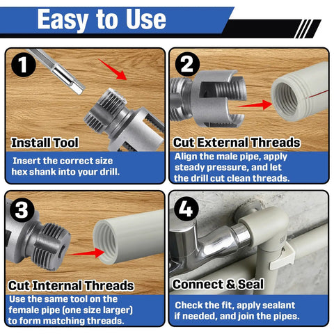 Essential 3 Pcs PVC Pipe Threader Tool Set For Quick Plumbing Repairs Upgraded Mixed Design includes visual guide for use and installation.