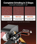 Badass 1500W Two Horsepower Belt Sander Grinder With Slick Variable Speed Dial And Versatile Three In One Setup For Metalworking And Knife Making Includes Tough Sanding Belts Plus Sturdy Tool Rest For Knockout Shop Builds showing three sandpaper grits 100, 180, and 240 with adjustable design.