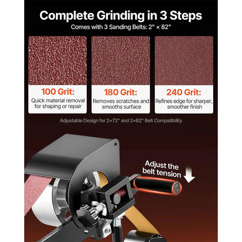 Badass 1500W Two Horsepower Belt Sander Grinder With Slick Variable Speed Dial And Versatile Three In One Setup For Metalworking And Knife Making Includes Tough Sanding Belts Plus Sturdy Tool Rest For Knockout Shop Builds showing three sandpaper grits 100, 180, and 240 with adjustable design.