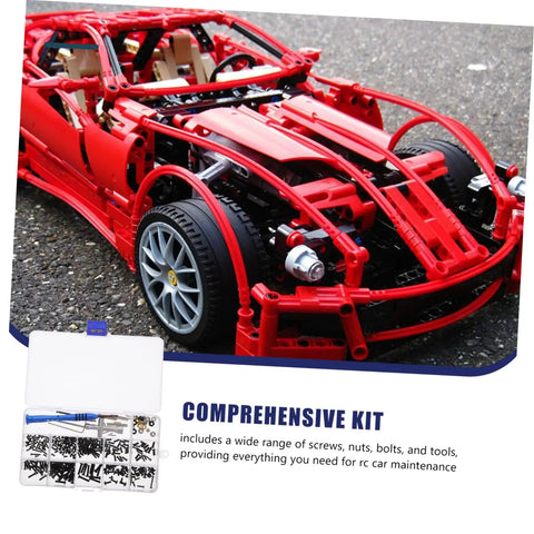 RC Repair Tool Set With Metric Screw Assortment Kit shown with red RC car and organized screw box for maintenance and replacements