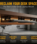 Two Pack Under Desk Laptop Mount With Hidden Docking Bracket For Home Office Mini Pc Router Setup under a wooden desk, supporting a laptop.