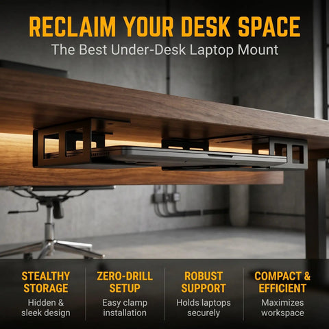 Two Pack Under Desk Laptop Mount With Hidden Docking Bracket For Home Office Mini Pc Router Setup under a wooden desk, supporting a laptop.