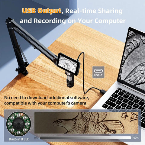 Handheld Digital Microscope With Flexible Boom Arm For Soldering And Electronics, 5 Inch Screen, USB-C connectivity to computer