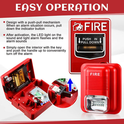 4 Pack Fire Alarm Pull Station Set With Dual Action Manual Call Point 12 24V DC Sound And Light Emergency Alarm Keyed Security Horn Buzzer