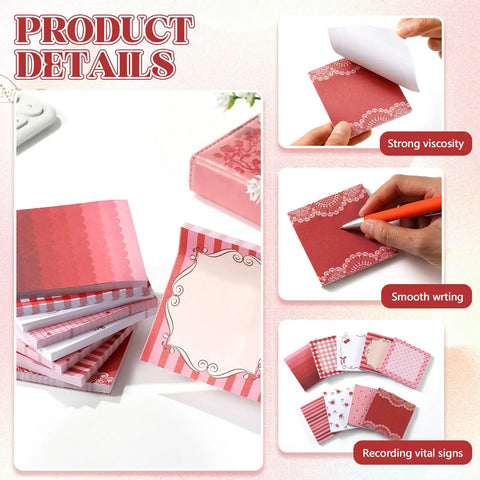Nine Pack Aesthetic Sticky Notes Set Cute Pastel Self Stick Notepads for Quick Notes featuring red floral designs and smooth writing.