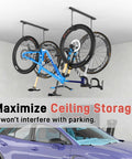 Ceiling Bike Rack For Garage And Home Storage Hang Indoor Bicycles Up To Two Horizontally Or Four Vertically With Adjustable Hooks 25 Inch Durable Steel Construction Rust Resistant Space Saving, holding bikes above a car.