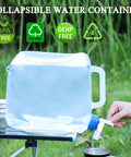 Collapsible Water Container With Spigot And Hook, BPA Free Foldable Water Jug, 20L/5.3 Gallon Capacity on a table outdoors