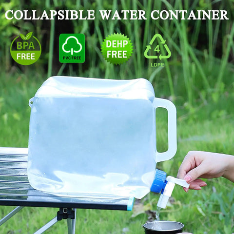 Collapsible Water Container With Spigot And Hook, BPA Free Foldable Water Jug, 20L/5.3 Gallon Capacity on a table outdoors
