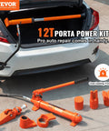 Front view of VEVOR 12T porta power kit with hydraulic ram and pump, orange tool attachments laid beside car trunk