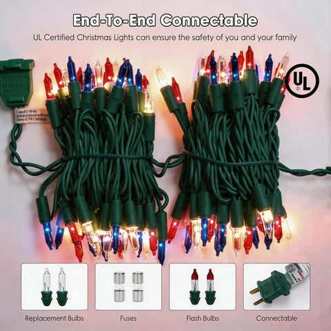 Red White Blue LED String Lights With Clear Bulbs On Green Wire UL Listed Connectable Patriotic Decor For Independence Day