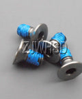 Ultralight Titanium M3 X 6 Screws Set With Allen Hex Socket Flat Head, Blue Thread Locker Included, 4 Pieces, laid out on a surface.